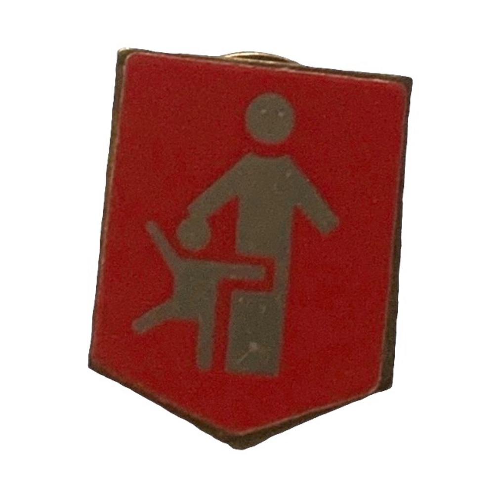 Vintage Red Shield & Gold Tone Child & Adult Figure Hat Lapel Pin Mens Woman’s
